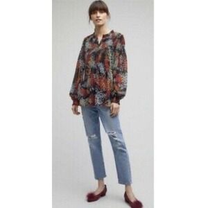 Akemi + Kim‎ Anthropologie Floral Smocked Peplum Blouse Black Multi Long Sleeve